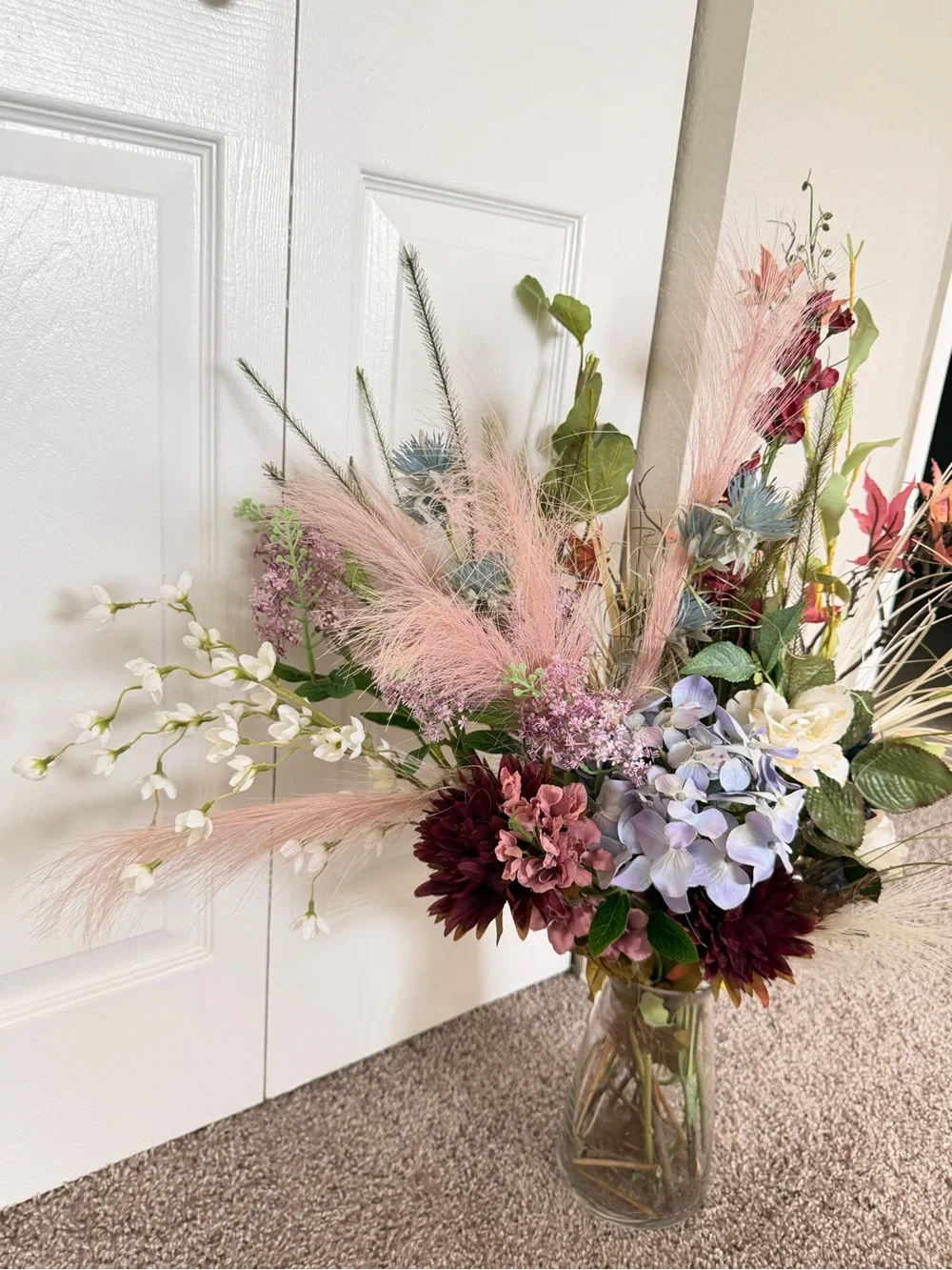 Hand Crafted Mixed Faux Floral Bouquet in Pink, Blue, Burgundy & Cream